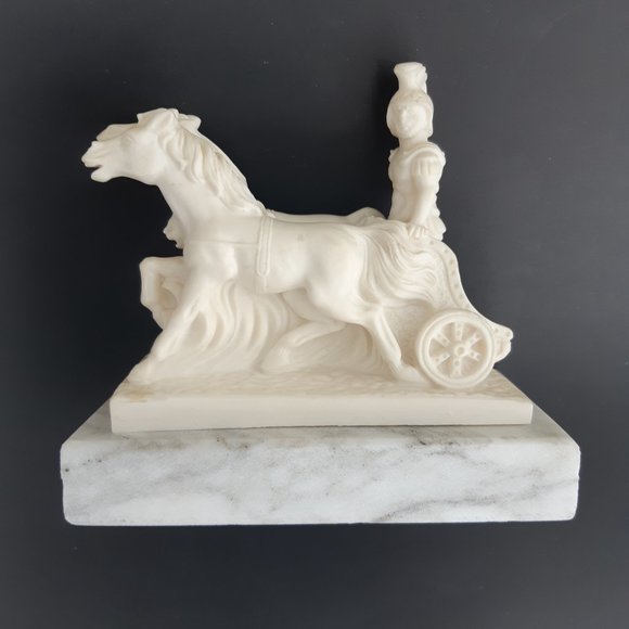 VTG Alabaster Marble Statue Figurine Roman Warrior Chariot Horse Italy Signed - Picture 4 of 12